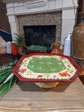 CKAO hand-painted, decorative ceramic cake stand and platter.